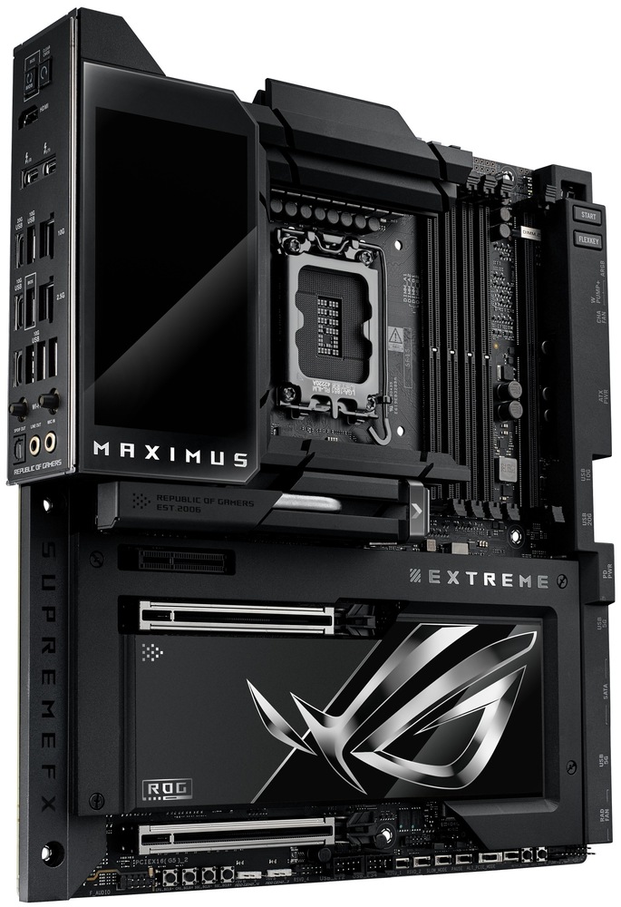 Základná doska Asus ROG MAXIMUS Z890 EXTREME Pri pohľade šikmo zľava vidíme nad zadnými konektormi masívny kryt I/O, ktorý plynule nadväzuje na veľké pasívy okolo pätice CPU. Hneď na ľavom boku je vidieť celý zadný panel: hore sú tlačidlá BIOS FlashBack a Clear CMOS, pod nimi 1× HDMI a dvojica USB-C pre Thunderbolt 5. Nižšie sú dva LAN porty (10Gb a 2.5Gb) a veľký blok USB vrátane niekoľkých USB-C a USB-A, dole potom optický S/PD.