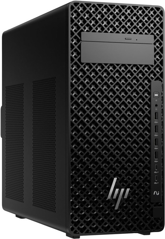 Na obrázku je čierny stolný počítač HP Z2 Tower G1i zachytený šikmo spredu. Skriňa má vyšší kompaktný tvar, hladkú bočnicu s dvoma veľkými ventilačnými mriežkami a celé čelo kryje výrazná perforovaná mriežka s kosoštvorcovým vzorom. Hore na prednej strane je pozícia pre optickú mechaniku a vpravo zvislý panel s tlačidlom zapnutia, audio konektorom, niekoľkými USB portami a dvoma USB-C portami.