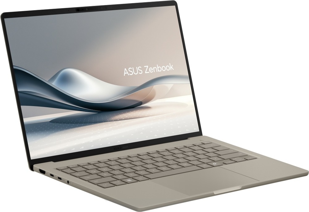 Notebook ASUS Zenbook A14 šikmo zo strany s viditeľnými konektormi
