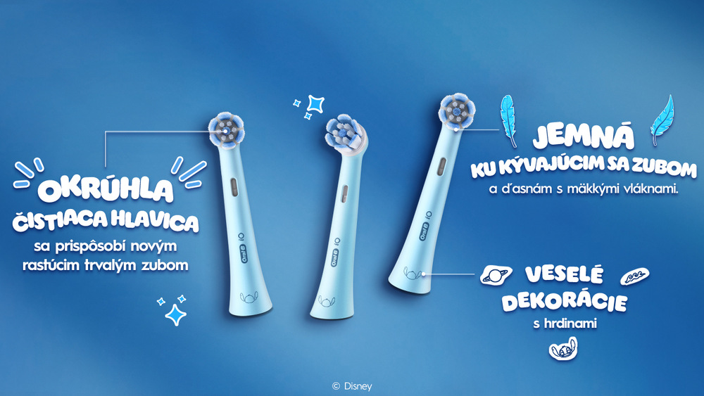 Oral-B iO Kids Stitch, Zobrazenie čistiacich hlavíc Oral-B iO Kids s okrúhlym tvarom, mäkkými vláknami a veselými detskými dekoráciami
