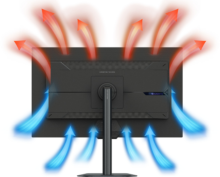 Herný monitor GIGABYTE M27UP čierny Herný monitor GIGABYTE M27UP zozadu a šípky znázorňujúci štvorstranné chladenie