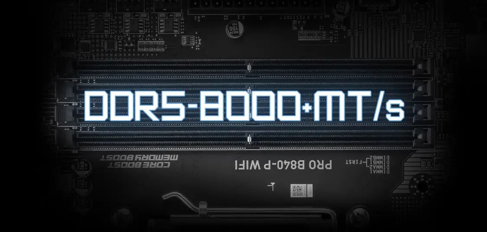Základná doska MSI PRO B840-P WIFI Obrázok ukazuje základnú dosku počítača s osvetleným štítkom DDR5-8000+ MT/s na slote RAM, ktorý označuje vysokorýchlostnú pamäťovú kapacitu.
