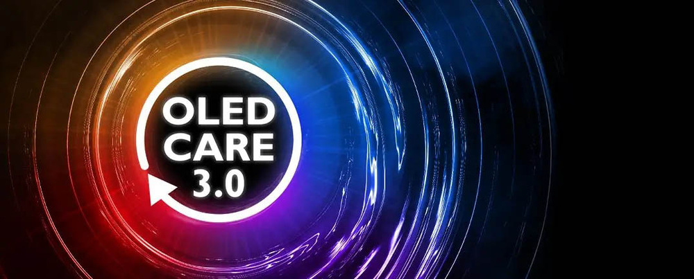 Farebné kruhové svetelné vzory s nápisom „OLED Care 3.0“ uprostred, ktoré vytvárajú technologický a futuristický vzhľad.