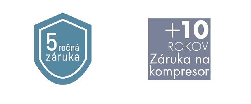 Chladnička Liebherr Plus IRc 3920 biela Dve logá predĺženej záruky: prvá je 5-ročná záruka na celý spotrebič, toto logo je v modrého štítu. Druhé logo je 10 rokov na kompresor, toto logo je v šedom štvorci.