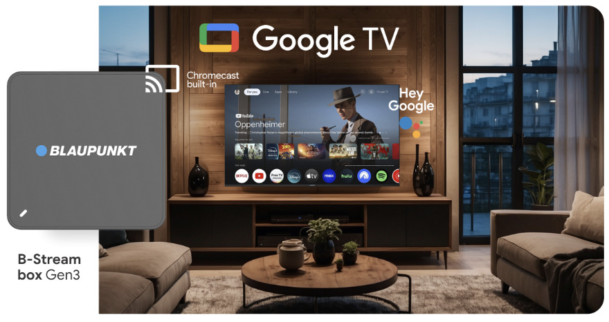 Multimediálne centrum Blaupunkt B-Stream Box Gen3 čierne Multimediálne centrum Blaupunkt pripojené k Google TV s funkciami Chromecast a Google Assistant