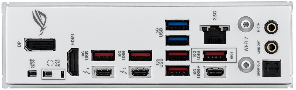 Základná doska Asus ROG Strix Z890-A GAMING WIFI Na čelnom pohľade na zadný I/O panel uvidíte 2× Thunderbolt 4 (USB-C), ďalej 1× USB-C 10 Gb/s s podporou PD rýchlonabíjania až 30 W, na to 5× USB-A 10 Gb/s a ešte 2× USB-A 5 Gb/s pre bežné periférie. Pre obraz sú tu 1× DisplayPort a 1× HDMI, sieť rieši 1× RJ-45 (Intel 2,5 Gb Ethernet) a bezdrôtovo je pripravený 1× modul Wi-Fi. Zvuk je vyvedený cez 1× optický S/PDIF a 2× 3,5 mm audio jack, a nechýbajú ani servisné tlačidlá 1× BIOS FlashBack a 1× Clear CMOS pre rýchlu obnovu a ladenie.