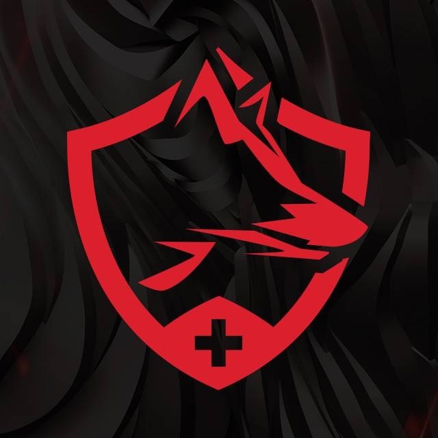 Logo červeného štítu so štylizovaným vlkom a horou na víriacom čiernom pozadí. Symbol kríža pod ním dodáva pocit sily a ochrany.