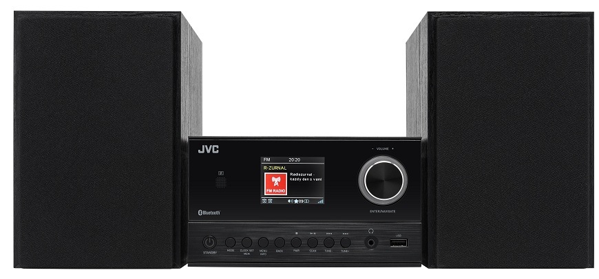 Mikro HiFi systém JVC UX-E225B čierny Čelný pohľad na mikrosystém JVC UX-E225B v elegantnom čiernom prevedení s LCD displejom, ovládacím gombíkom a USB vstupom, doplnený o dva stereo reproduktory