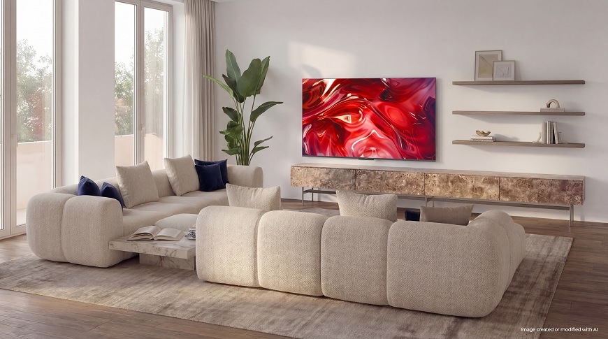 Televízor Haier H65S85GUX Televízia Haier H50S85GUX v obývačke s obrazom červenej štruktúry