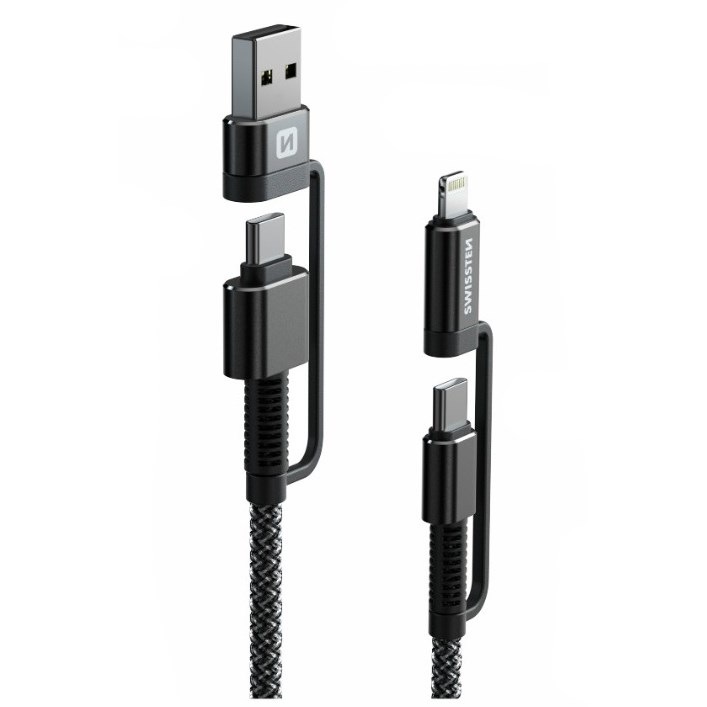Kábel Swissten ARAMID REINFORCED 4v1, USB-C/USB, USB-C/Lightning, 1,5 m antracitová farba