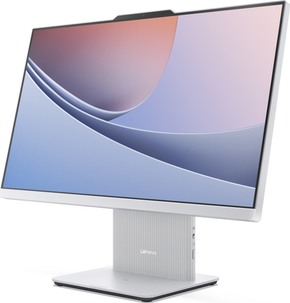 PC all in-one Lenovo IdeaCentre 24IRH9 sivý Pohľad na obrazovku a ľavú stranu počítača Lenovo IdeaCentre s kvalitnou webkamerou a reproduktormi