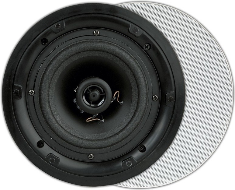 Na obrázku je vstavaný stropný reproduktor ArtSound FL401. Vpredu je vidieť samotný čierny reproduktor s kruhovým rámčekom, stredovým výškovým meničom a väčším kužeľom okolo neho. Vedľa neho je položená biela perforovaná krycia mriežka, ktorá sa na reproduktor nasadzuje po montáži do stropu.