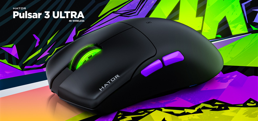 Myš HATOR Pulsar 3 ULTRA čierna HATOR Pulsar 3 Ultra 4K Wireless s podsvieteným kolieskom na výraznom grafickom pozadí