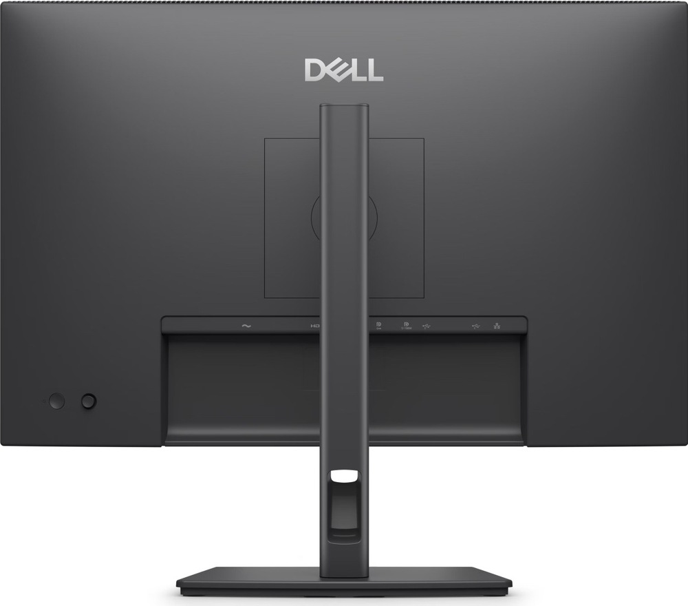 Zadný pohľad na čierny monitor Dell Pro P2426 s logom Dell, stredovým stojanom, priechodkou pre káble a spodným panelom s konektormi pre napájanie, HDMI, DisplayPort, USB-A, USB-C a RJ-45.