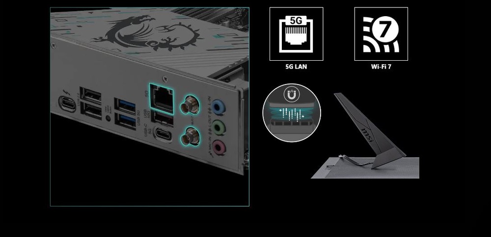 Základná doska MSI B860M GAMING PLUS WIFI Zadný panel základnej dosky počítača obsahuje niekoľko portov USB, audio konektory a ethernetový port. Ikony zvýrazňujú podporu 5G LAN a Wi-Fi 7.