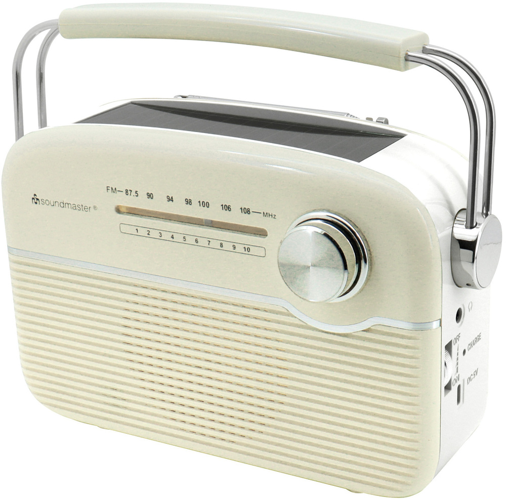 Bočný pohľad na rádio Soundmaster TR480BE s viditeľným konektorom pre slúchadlá a USB-C nabíjacím portom.
