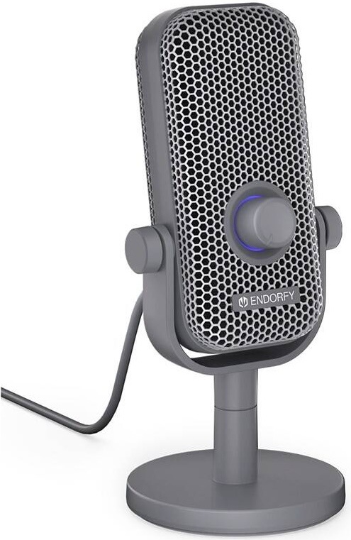 Stolný mikrofón Endorfy Solum Voice S v šedej farbe s modro podsvieteným ovládačom.