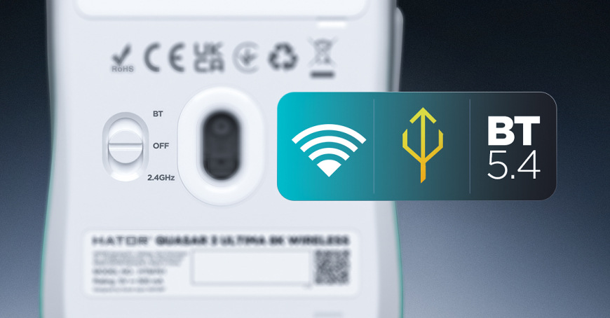 Detail spodného prepínača myši so symbolmi bezdrôtového, USB a Bluetooth pripojenia