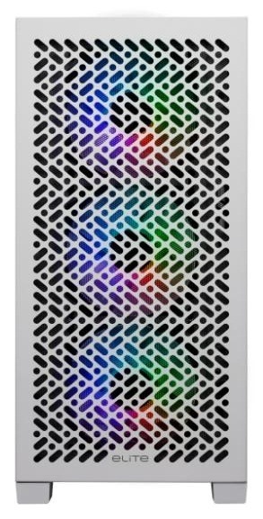 Čierna počítačová skriňa s perforovaným predným panelom, na ktorom sú umiestnené tri RGB ventilátory svietiace modro, zeleno a fialovo, ktoré vytvárajú živú, technologicky inšpirovanú estetiku.