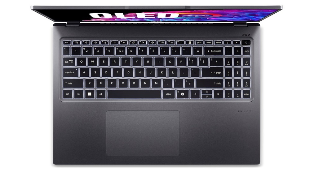 Notebook Acer Swift Go 16 (SFG16-71-73WC) čierny Pohľad zhora na klávesnici notebooku Acer Swift Go 16 (SFG16-72-598D)
