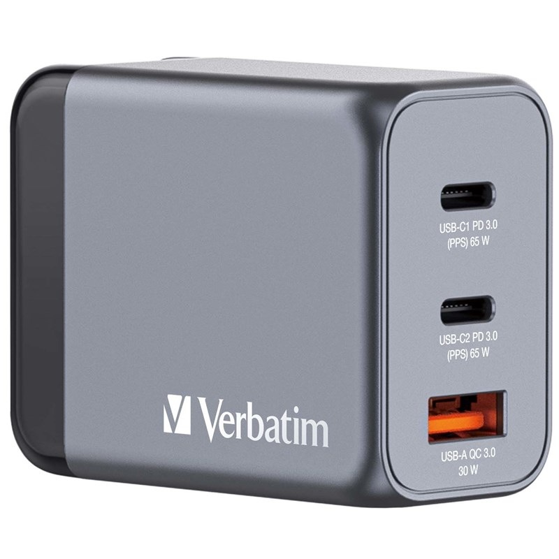 Cestovný adaptér Verbatim GNC-65 GaN 65W, 2x USB-C PD 65W, 1x USB-A QC 3.0 strieborný