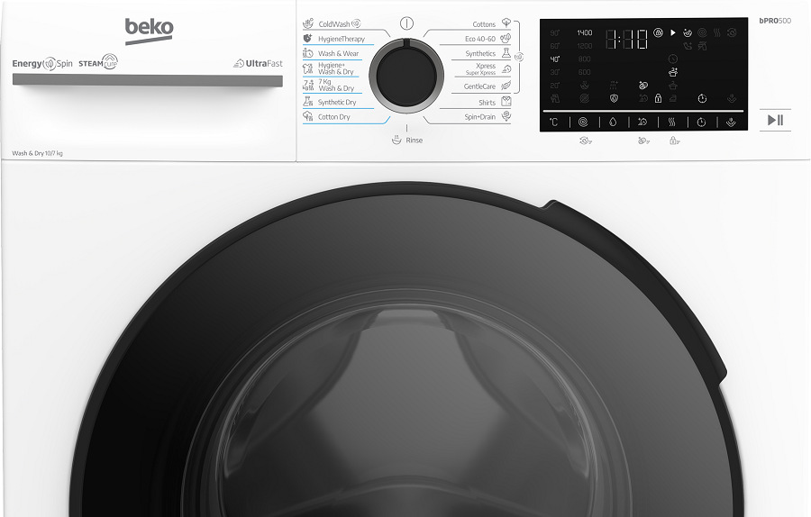 Detail na ovládací panel práčku/sušičku Beko BM5DFT410442WB