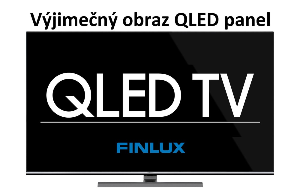 Televízor Finlux 55FQK9060 Televízia Finlux, na obrazovke je nápis QLED TV FINLUX, nad obrazovkou je nápis Výnimočný obraz QLED panel