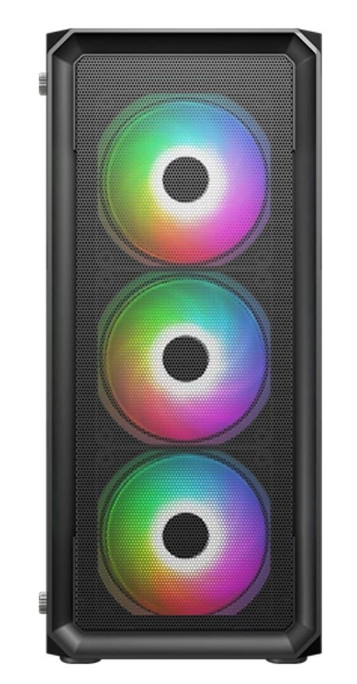 Case VeinX Hermes Mesh čierna PC skriňa s predným panelom zo sieťoviny a tromi veľkými RGB ventilátormi, ktoré vyžarujú žiarivé farby v prechodovom vzore.