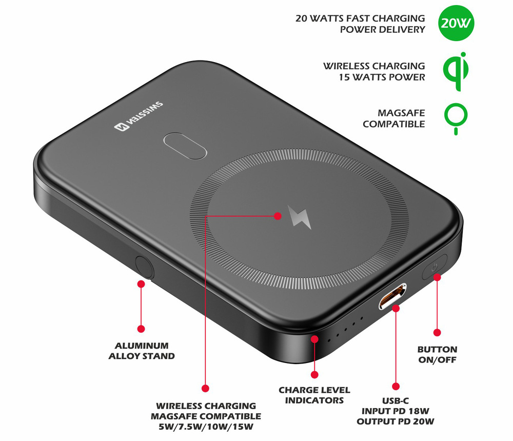 Powerbank Swissten 5000 mAh, PD 20W (kompatibilný s MagSafe) čierny Powerbank Swissten 5000 mAh, PD 20W (kompatibilný s MagSafe) čierny