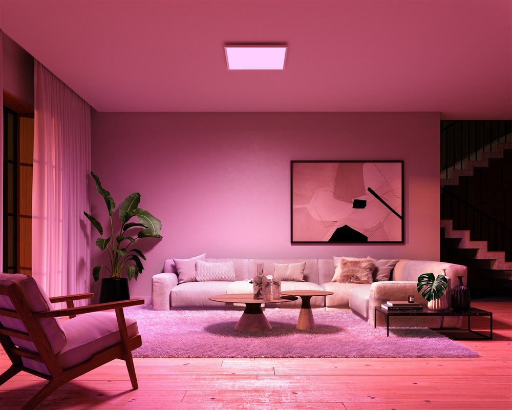 LED stropné svietidlo Philips Surimu Hue Panel, 60W, 60x60 cm, White and Color Ambiance biele Iluminácia obývacej izby s využitím RGB