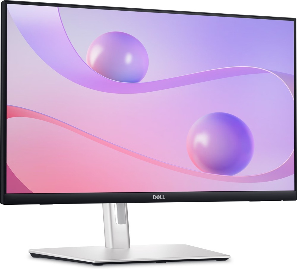 Monitor Dell P2424HT čierny/strieborný Zapnutý monitor Dell P2424HT 24" s ružovou tapetou natočený doprava