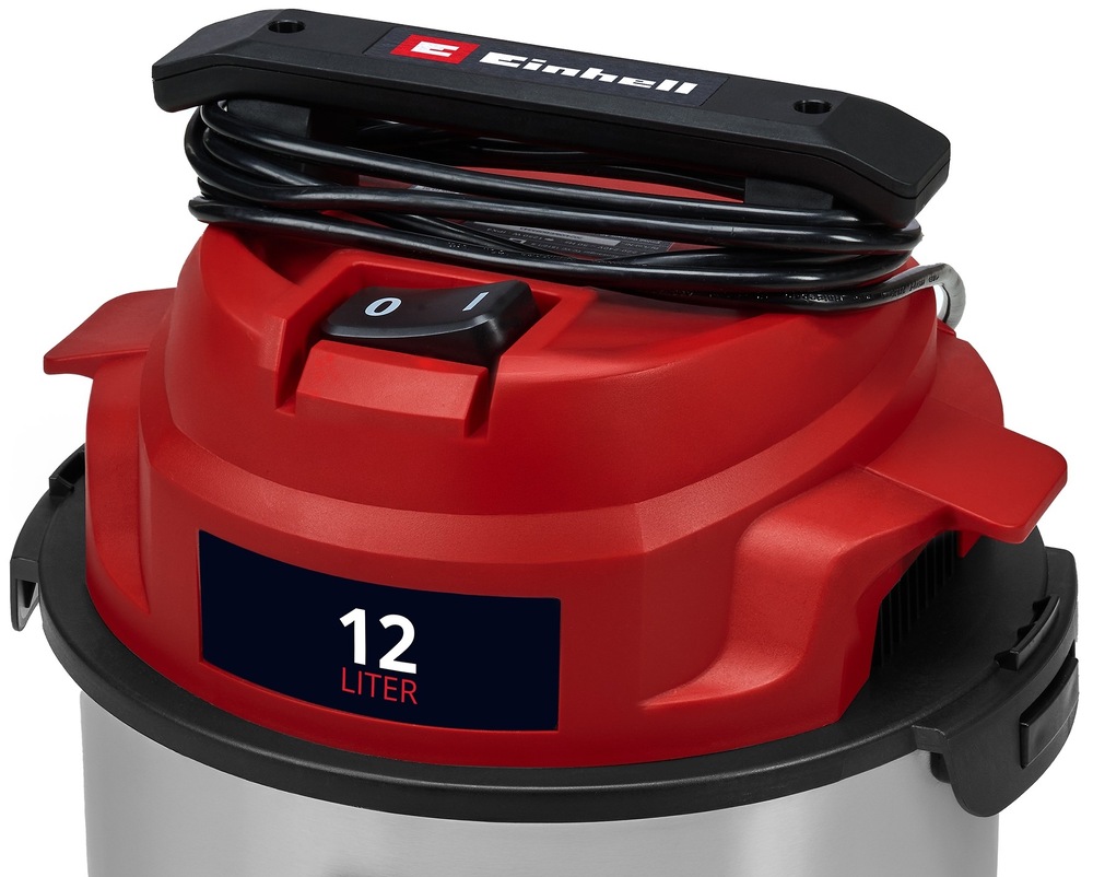Priemyselný vysávač Einhell Classic TC-VC 1240 S nerez Detail hornej časti priemyselného vysávača Einhell TC-VC 1240 S s ovládaním a navinutým káblom