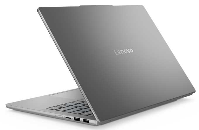 Notebook Lenovo IdeaPad Slim 5 14AKP10 sivý Zadná strana šedého notebooku Lenovo s logom na hliníkovom veku a bočnými portami