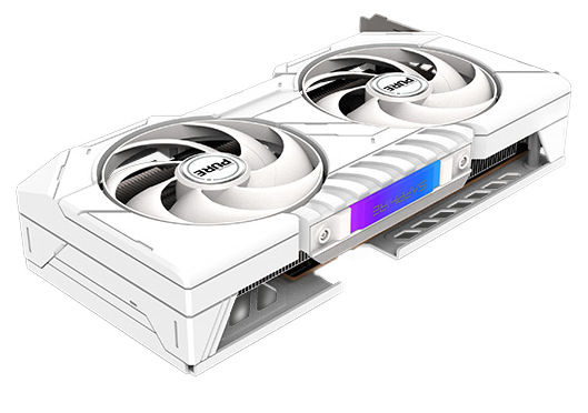 Grafická karta Sapphire Pure AMD Radeon RX 9060 XT GAMING 16GB Biela grafická karta Sapphire Pure RX 9060 XT s dvoma ventilátormi a zvýrazneným RGB prvkom na boku