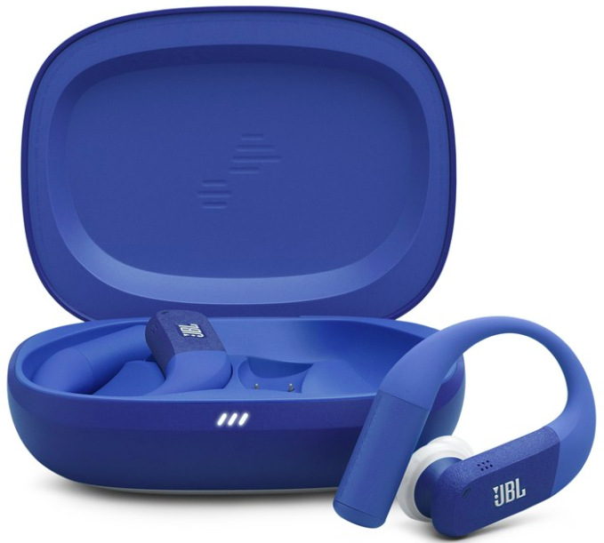Bezdrôtové športové slúchadlá JBL Endurance Peak 4 v modrej farbe s nabíjacím puzdrom