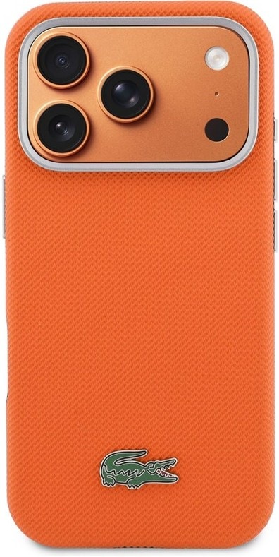 Dizajnový kryt Lacoste PVC Petit Pique Semi Wrap MagSafe na Apple iPhone 17 Pro Max v oranžovom dizajne