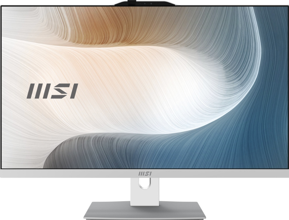 PC all in-one MSI Modern AM272P 1M-1402EU biely Čelný pohľad na All In One MSI Modern AM272P 1M-1402EU s 27" displejom a stojanom