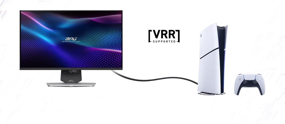 Herný monitor MSI MPG 274URDFW E16M čierny Herný monitor zobrazujúci žiarivé farby je pripojený k hernej konzole s ovládačom vedľa nej. Text „VRR Supported“ značí kompatibilitu na herných konzolách.