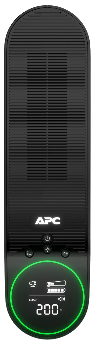Na obrázku je horný pohľad na záložný zdroj APC Pro 2200VA for Gaming. Je to vysoká čierna veža so zaobleným vrchom a celou prednou stranou tvorenou jemnou vetracou mriežkou. Približne v dolnej tretine je svietiace logo APC. Úplne dole je veľký okrúhly LCD displej so zeleným svetelným krúžkom, ktorý ukazuje ikony stavu a veľké číslo „200 W“. Nad displejom sú tlačidlá, vrátane tlačidla napájania.