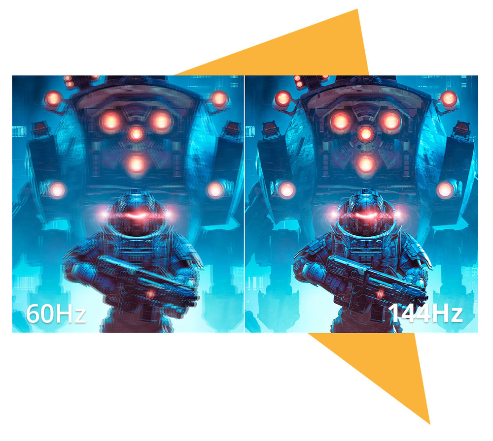 Futuristický vojak so žiariacimi svetlami stojí pred robotom, zobrazený dvakrát. Vľavo je rozmazaný, označený 60 Hz; vpravo je ostrý, označený 144 Hz.