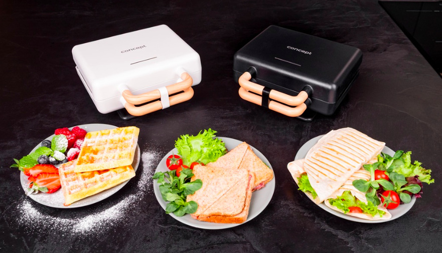Sendvičovač Concept SV3090 3v1 biely Biely a čierny sendvičovač 3 v 1 s pripravenými vaflemi, toastami a grilovaným panini