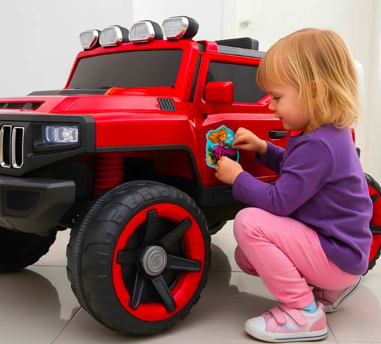 Elektrické autíčko Bluetouch off-road červený Dievčatko zdobí detské elektrické autíčko BLUETOUCH samolepkou pri hraní doma