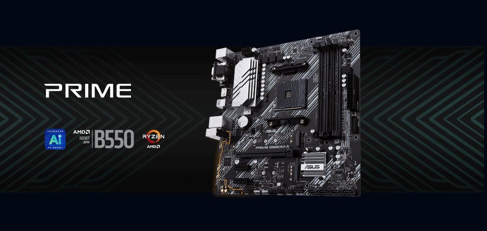 Základná doska Asus PRIME B550M-A/CSM čierna Základná doska ASUS Prime B550M-A na tmavom geometrickom pozadí. Zdobia ju logá: AMD Ryzen a čipová sada B550.