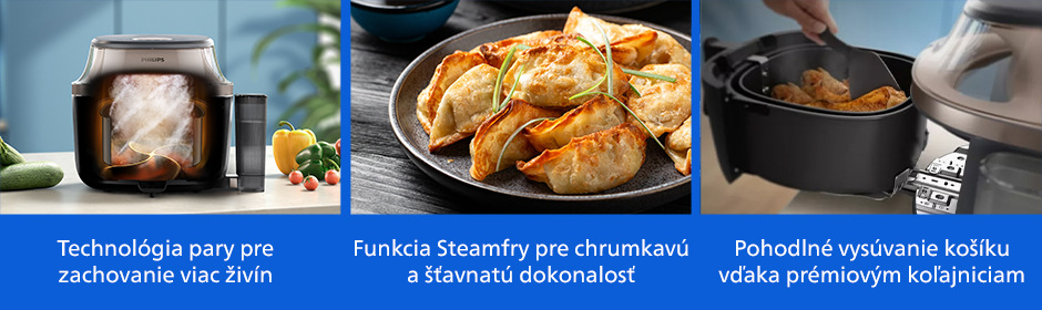 Fritéza teplovzdušná Philips Airfryer 5000 series 7,2 l, NA547/07 čierna Koláž funkcií teplovzdušnej fritézy Philips NA547/07 zobrazujúca technológiu pary pre zachovanie viacerých živín, funkciu SteamFry pre chrumkavú a šťavnatú prípravu pokrmov a vysúvací kôš s koľajnicovým mechanizmom pre ľahkú manipuláciu.