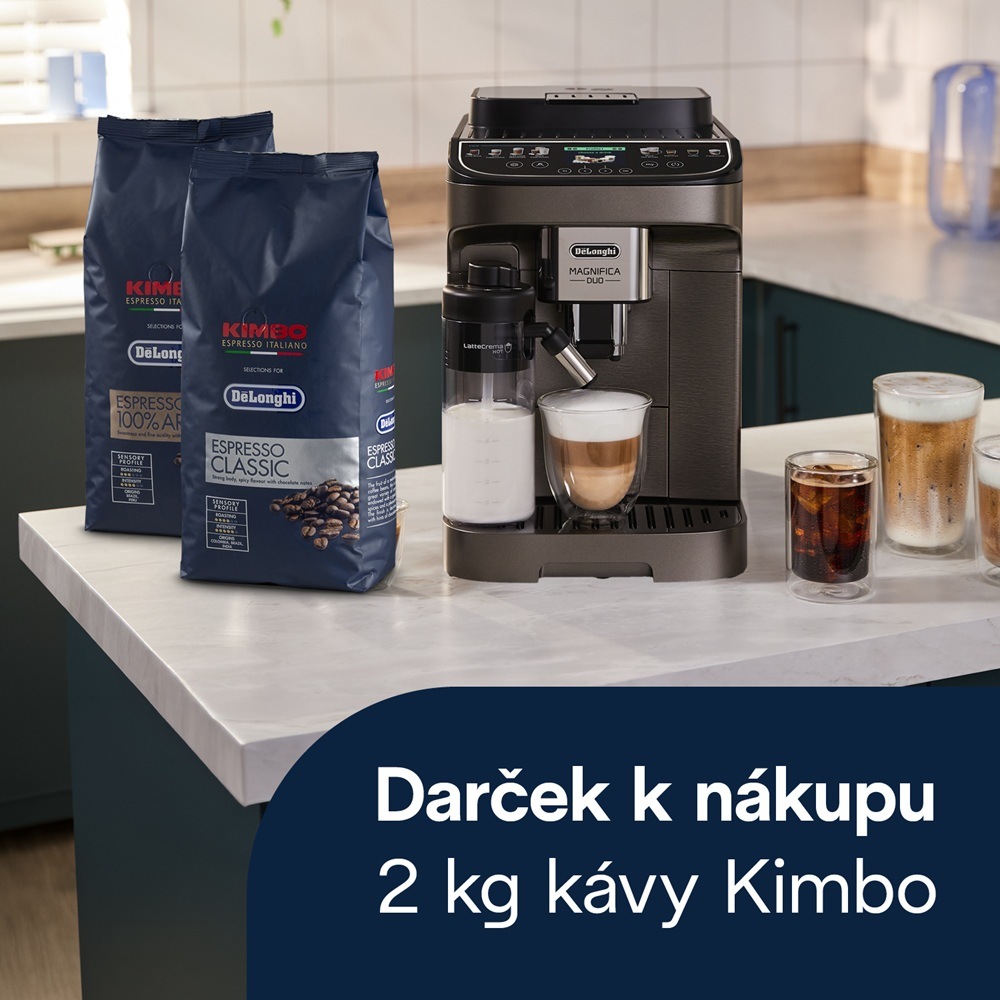 Automatický kávovar De'Longhi Magnifica DUO ECAM 330.80.TXB titánová farba De'Longhi Magnifica Duo spolu s dvoma baleniami kávy Kimbo, ktoré sú ponúkané ako darček k nákupu.