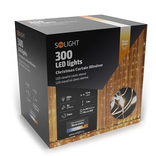 Vianočné osvetlenie Solight záves okenný, strieborný, 300x mini LED, časovač, 8 funkcií, USB
