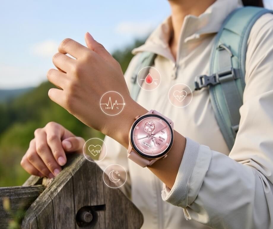 Inteligentné hodinky Carneo GTR Active HR+ ružové/zlaté Žena so šikovnými hodinkami Carneo GTR Active HR+ sledujúcimi tep, okysličenie krvi, stres aj kvalitu spánku