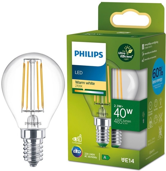 Žiarovka LED Philips 40W, filament, E14 vyžaruje teplý biely odtieň svetla 2 700 K
