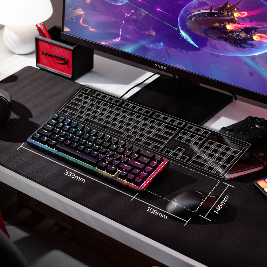 Klávesnica HyperX Origins 2 65 čierna Klávesnica HyperX Origins 2 65 – kompaktné rozmery 333 × 108 mm na hernom stole