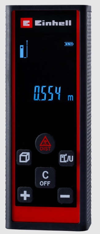 Laserový diaľkomer Einhell Classic TC-LD 60 R Podsvietený displej laserového diaľkomeru Einhell Classic TC-LD 60 R so zobrazenou vzdialenosťou 0,554 m
